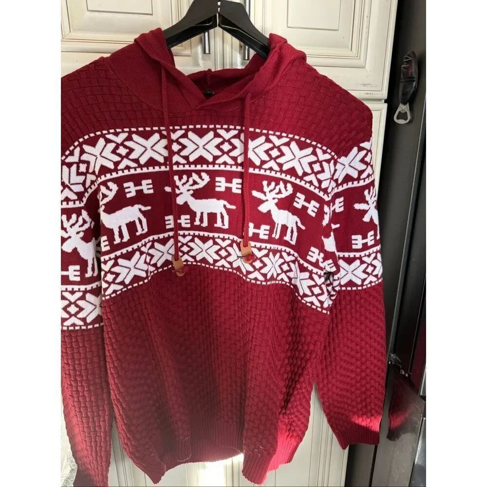 Men's Snowflake Reindeer Textured Knit Pullover Hoodie Maroon White Size Large
